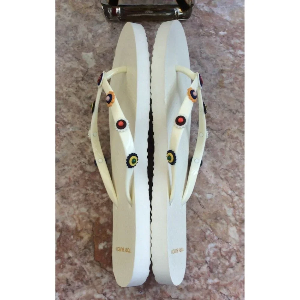 New Tory Burch Ivory White Jelly Multicolor Studded Thong Sandals Size 10M, $178